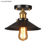 9.5’-10’ Dia Flat Shade Ceiling Mounted Light: Industrial Metallic Single Head Flush Light In Black