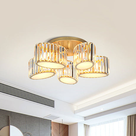 Gold Carved Crystal Semi-Flush Ceiling Lamp With Oval/Teardrop Design And 5 Lights