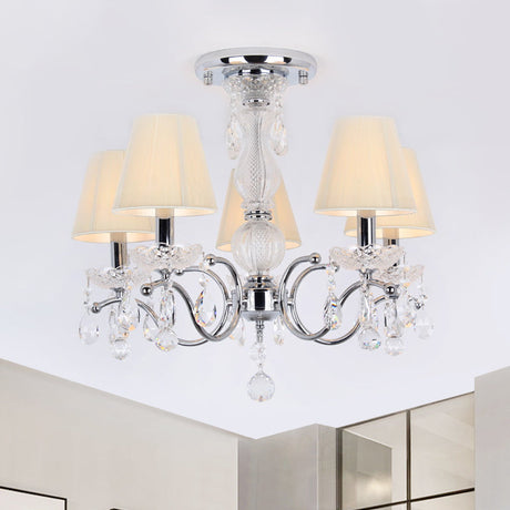 Modern Cone Semi Flush Crystal Ceiling Light Fixture With Swirled Arm - 5-Head Nickle Design Chrome