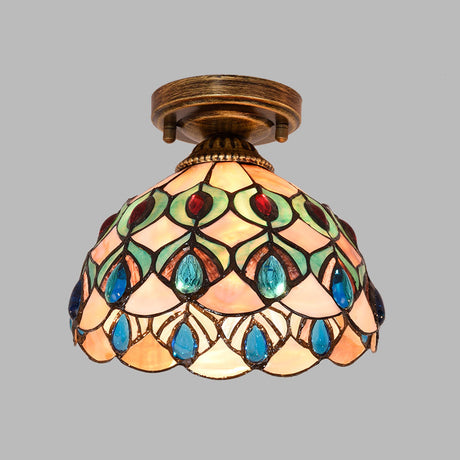 Tiffany Single-Bulb Shell Bowl Ceiling Lamp - Handmade Blue/Light Blue/Beige Flush Mount With
