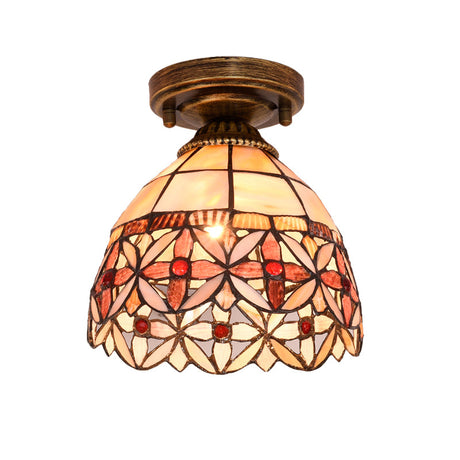 Tiffany Floral Bell Ceiling Light Fixture In Beige/Red-White/Pink For Living Room