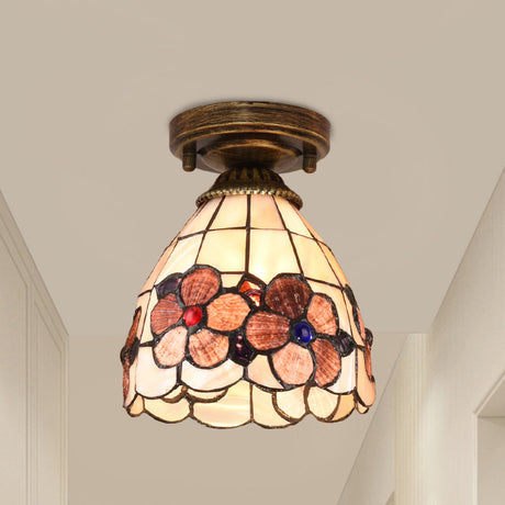 Tiffany Floral Bell Ceiling Light Fixture In Beige/Red-White/Pink For Living Room