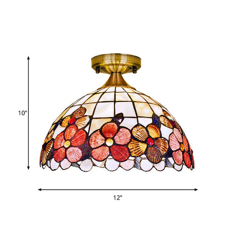 Brass Flushmount Tiffany Flower-Edge Shell Ceiling Light - 1-Light Bowl Fixture