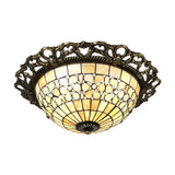 Baroque Shell Dome Brass Ceiling Lamp With Embossed Flower Trim - 3-Light Flush Mount Fixture