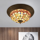 Bronze Cap Flush Mount Light With Tiffany Led Shell And Trellis Pattern