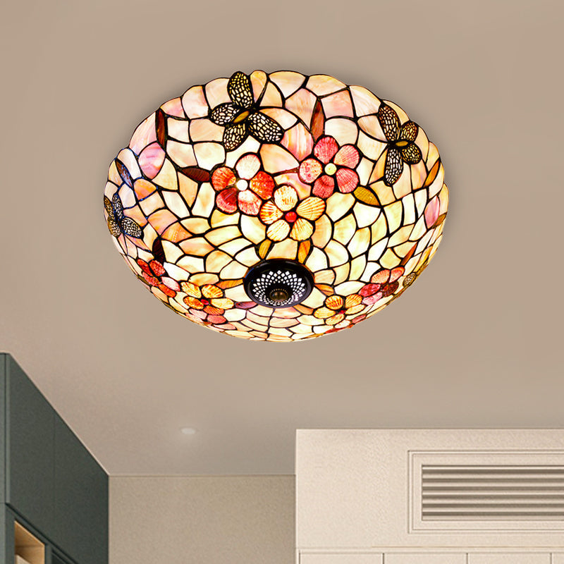 Shell Beige Tiffany Flushmount Ceiling Fixture With Butterfly - Flower Pattern 3/4 Lights 16’/20.5’W