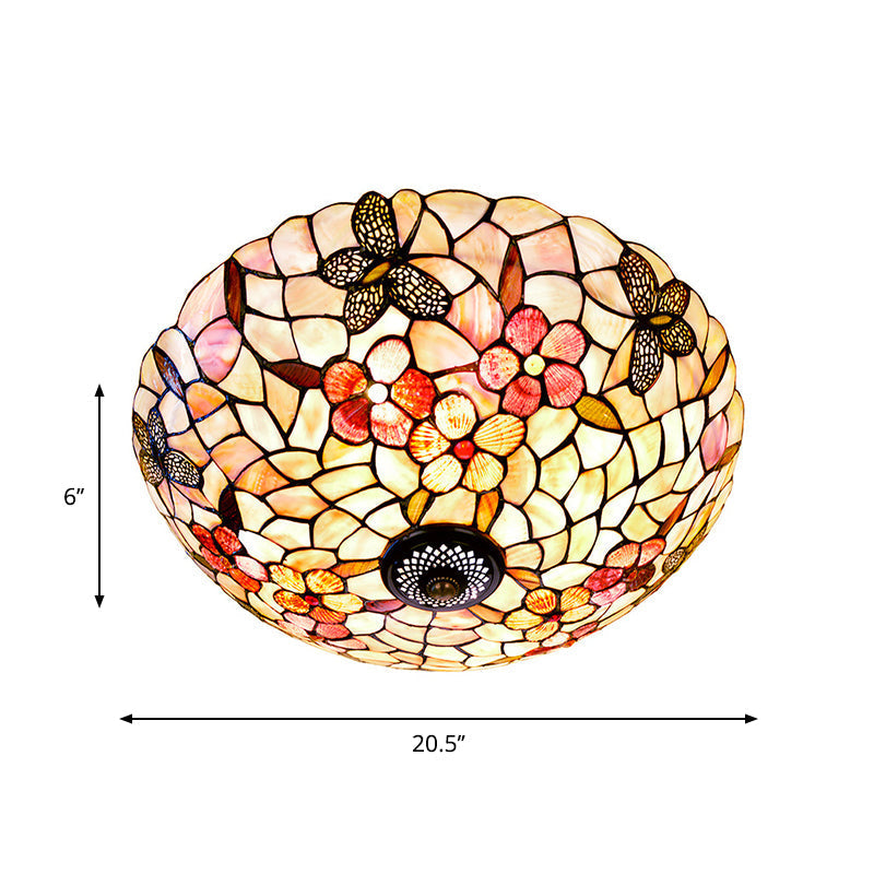 Shell Beige Tiffany Flushmount Ceiling Fixture With Butterfly-Flower Pattern 3/4 Lights 16/20.5W