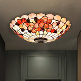 Flushmount Tiffany Shell Ceiling Light Fixture With Peony Pattern Pink 3/4 Bulbs Various Sizes / 16