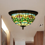 Tiffany Bronze Flush Mount 2-Bulb Corridor Ceiling Lamp With Stained Glass Shade