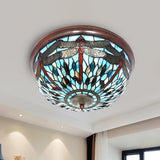Dome Flush Mount Light: Blue/Red Tiffany Stained Glass Led Ceiling Lamp With Dragonfly Pattern Blue