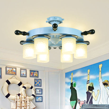Kids Room Semi Mount Cartoon Blue Rudder Flush Ceiling Lamp With Opal Glass Shade - 6 Heads
