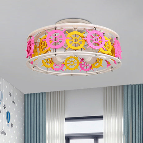 Semi Flush Elephant/Boat/Rudder Lamp With Drum Design For Kids - 5-Light Wood Fixture In Pink/Yellow