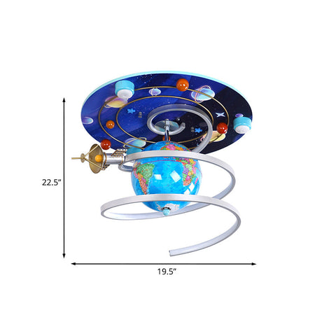 Cartoon Led Wood Flush Light Fixture - Blue Globe Ceiling Mount For Kids Bedroom