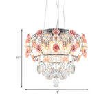 Modern Chrome Drum Cage Pendant Chandelier With Crystalline Pink Rose Accent - Dining Table