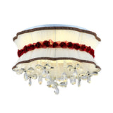 Modern Pleated Fabric Bouquet Flush Mount Led Ceiling Light In Beige With Red Rose Accent And