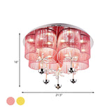Modern Pink/Gold Clover Flush Ceiling Light With Crystal Flowers - Romantic Fabric Parlor Led