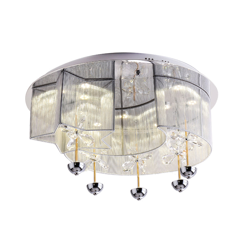 Modern Led Flushmount Ceiling Light With Crystal Decor - Red/Silver Fabric Crescent And Star Design