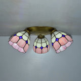 Tiffany Dome Stained Glass Ceiling Light - 3 Lights Flush Mount In Pink/Yellow/Orange/Sky Blue/Dark