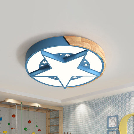 Round Metal Led Macaron Flush Mount Ceiling Light In White/Pink/Blue And Wood For Star-Themed