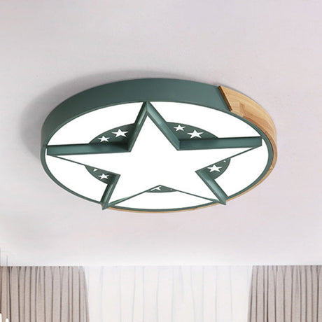 Round Metal Led Macaron Flush Mount Ceiling Light In White/Pink/Blue And Wood For Star-Themed