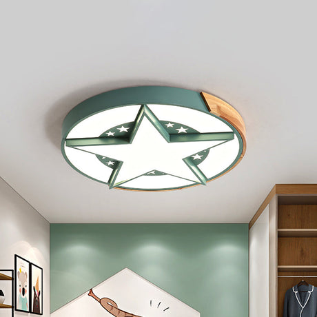 Round Metal Led Macaron Flush Mount Ceiling Light In White/Pink/Blue And Wood For Star-Themed