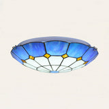 Tiffany Stained Glass Ceiling Light With 3 Bulbs - Blue Bowl Shape For Dining Room