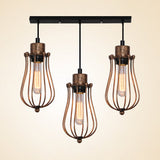 Metallic Loft Style Farmhouse Ceiling Pendant With Bulb Cage Shade - 3 Head Hanging Light Fixture In
