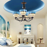 Mediterranean Style Blue Glass Bowl Chandelier With 4 Ceiling Lights For Bedroom