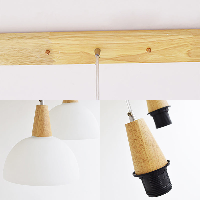 Contemporary Milk Glass Dome Hanging Lamp - 3 Light Indoor Pendant With White Wooden Cap