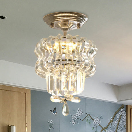 Simple Crystal 2-Tier Led Semi Flush Silver Light Fixture Small Hallway Ceiling Lamp