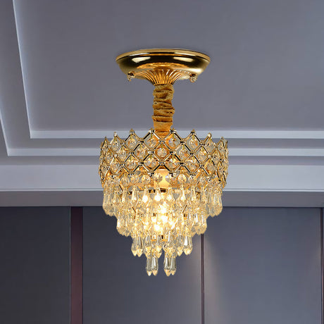 Semi Flush Mount Crystal Droplet Ceiling Lamp With Gold Crown Top - Traditional 1-Light For Sitting