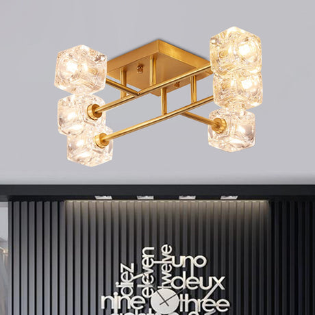 Brass Semi Flush Crystal Bedroom Ceiling Light - Contemporary Square Design 4/6 Fixture