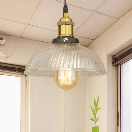 Dome Pendant Ceiling Light: Industrial Ribbed Glass - Black/Bronze/Rust Finish 1 Light Dining Room