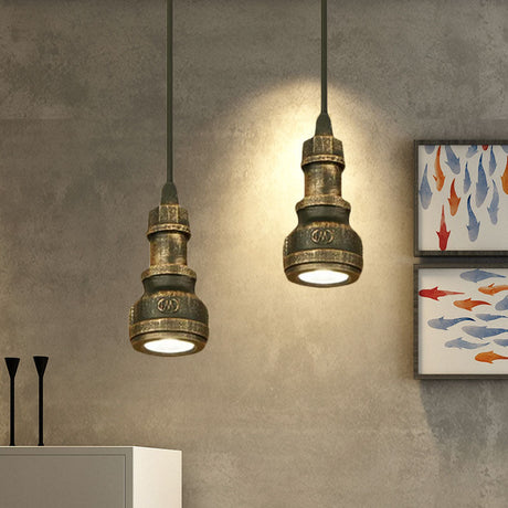Aged Brass Water Pipe Mini Pendant Lamp - Antique Style 1-Light Wrought Iron Fixture