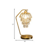 Contemporary Tiered Crystal Nightstand Lamp With Angled Arm 1 Light Brass Finish
