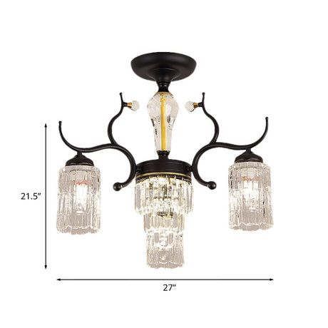Contemporary Crystal Black Flush Chandelier -Cylindrical Bedroom Semi Ceiling Mount Lamp (3/6 Heads)
