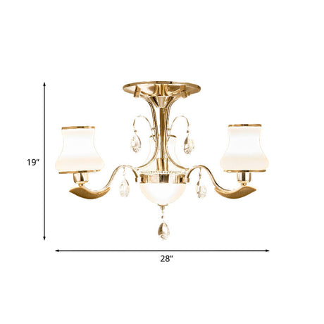 Traditional Gold Pear Shaped Bedroom Ceiling Light With Milk Glass Semi Mount - 3/6 Bulbs