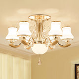 Traditional Gold Pear Shaped Bedroom Ceiling Light With Milk Glass Semi Mount - 3/6 Bulbs