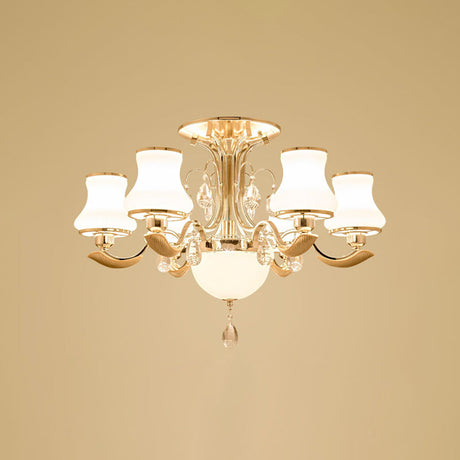 Traditional Gold Pear Shaped Bedroom Ceiling Light With Milk Glass Semi Mount - 3/6 Bulbs
