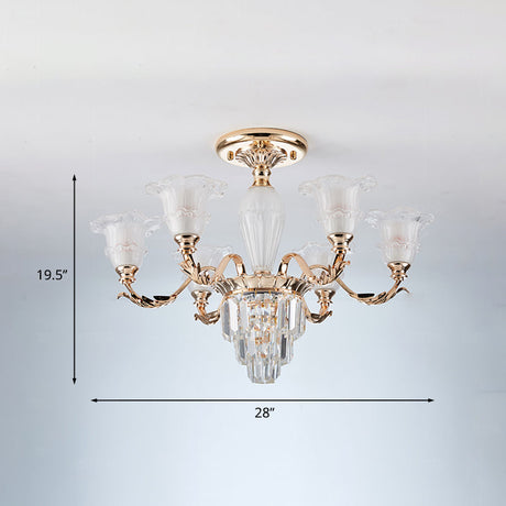 Modern Bellflower Frosted Glass Semi Flush Light Chandelier- Gold With Crystal Accent