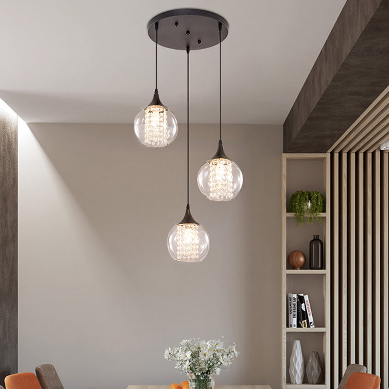 Modern Clear Glass Globe Multilight Ceiling Pendant With 3 Bulbs In Black For Dining Room