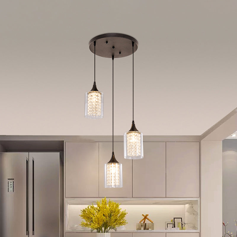 Minimalist Black Pendulum Lamp With 3-Light Clear Glass Cylinder And Linear/Round Canopy / Round