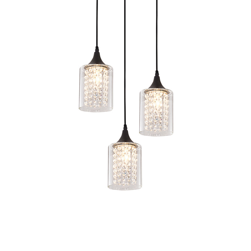 Minimalist Black Pendulum Lamp With 3-Light Clear Glass Cylinder And Linear/Round Canopy