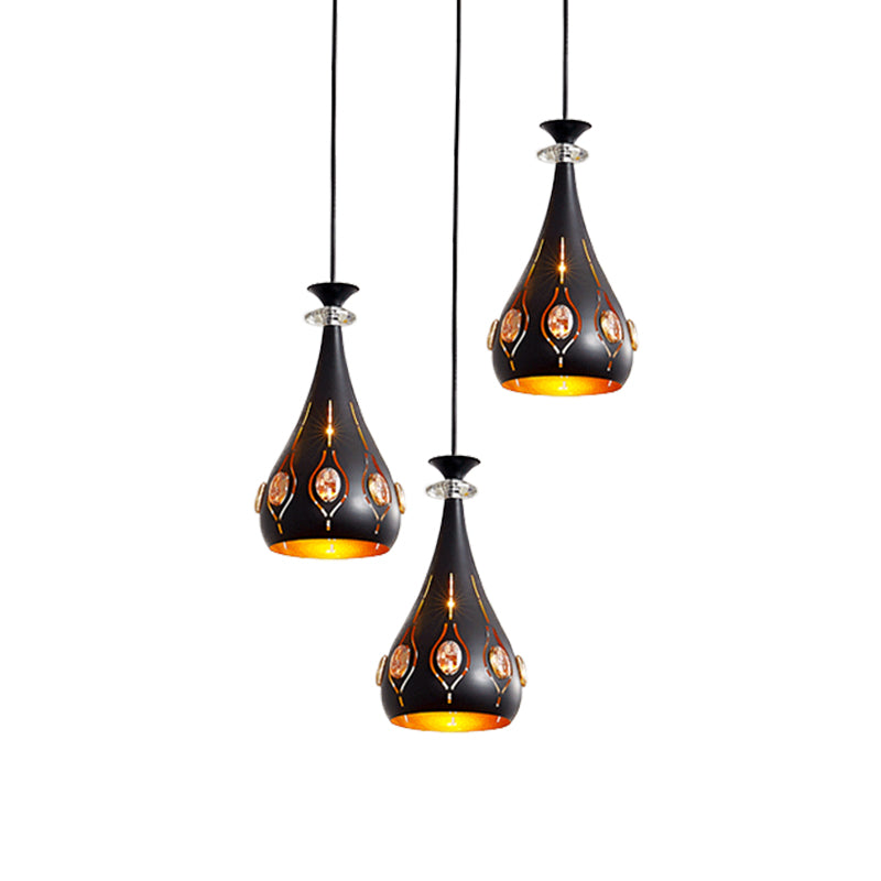 Black Modernist Pendant Light With Metallic Cluster Design - 3 Heads Globe Oval And Waterdrop Shape