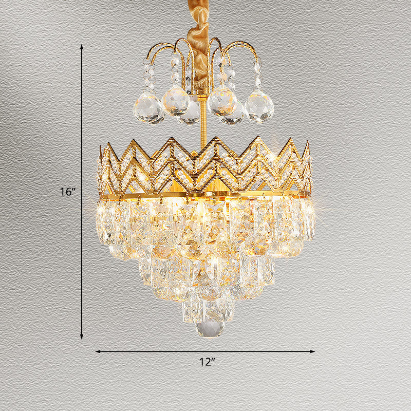 Gold Crystal Ceiling Mount Light - Conical Semi Flush With Crown Design 3 Bulbs