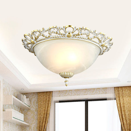 Opal Frosted Glass Flushmount Countryside Brass/White Floral Ceiling Lamp 11/19.5 Wide