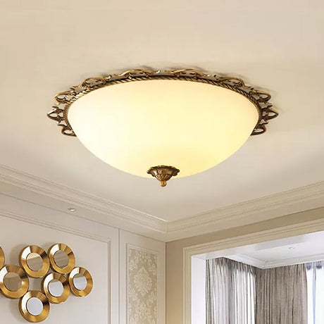 Rural Brass Flush Mount Ceiling Lamp With Frosted White Glass - 3/5 Bulbs Half-Globe Design 5 /