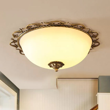 Rural Brass Flush Mount Ceiling Lamp With Frosted White Glass - 3/5 Bulbs Half-Globe Design 3 /