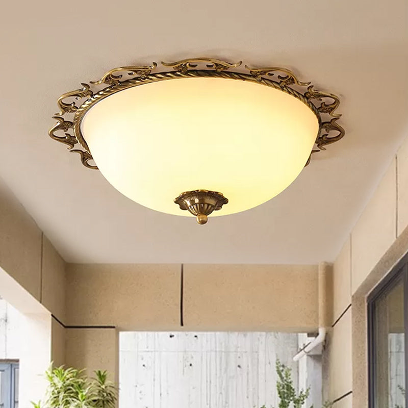 Rural Brass Flush Mount Ceiling Lamp With Frosted White Glass - 3/5 Bulbs Half-Globe Design