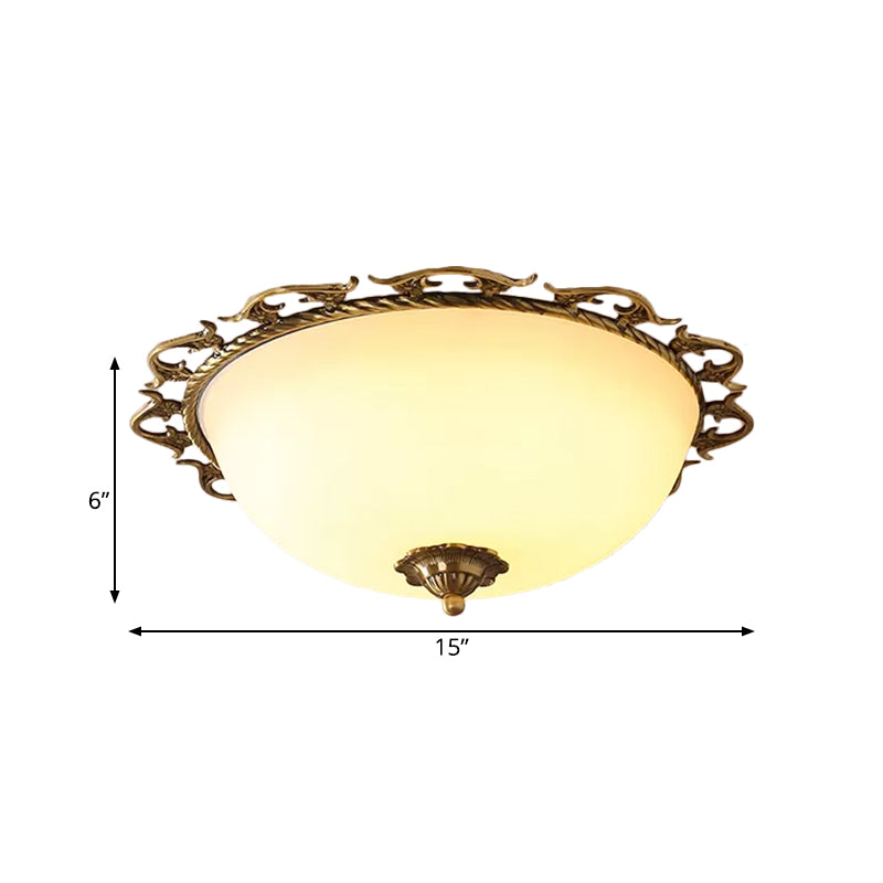 Rural Brass Flush Mount Ceiling Lamp With Frosted White Glass - 3/5 Bulbs Half-Globe Design